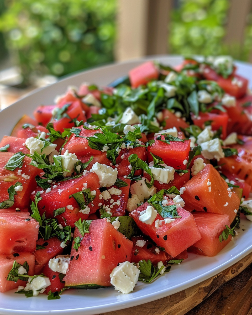 Fresh watermelon and cucumber salad with mint and feta cheese in bowl