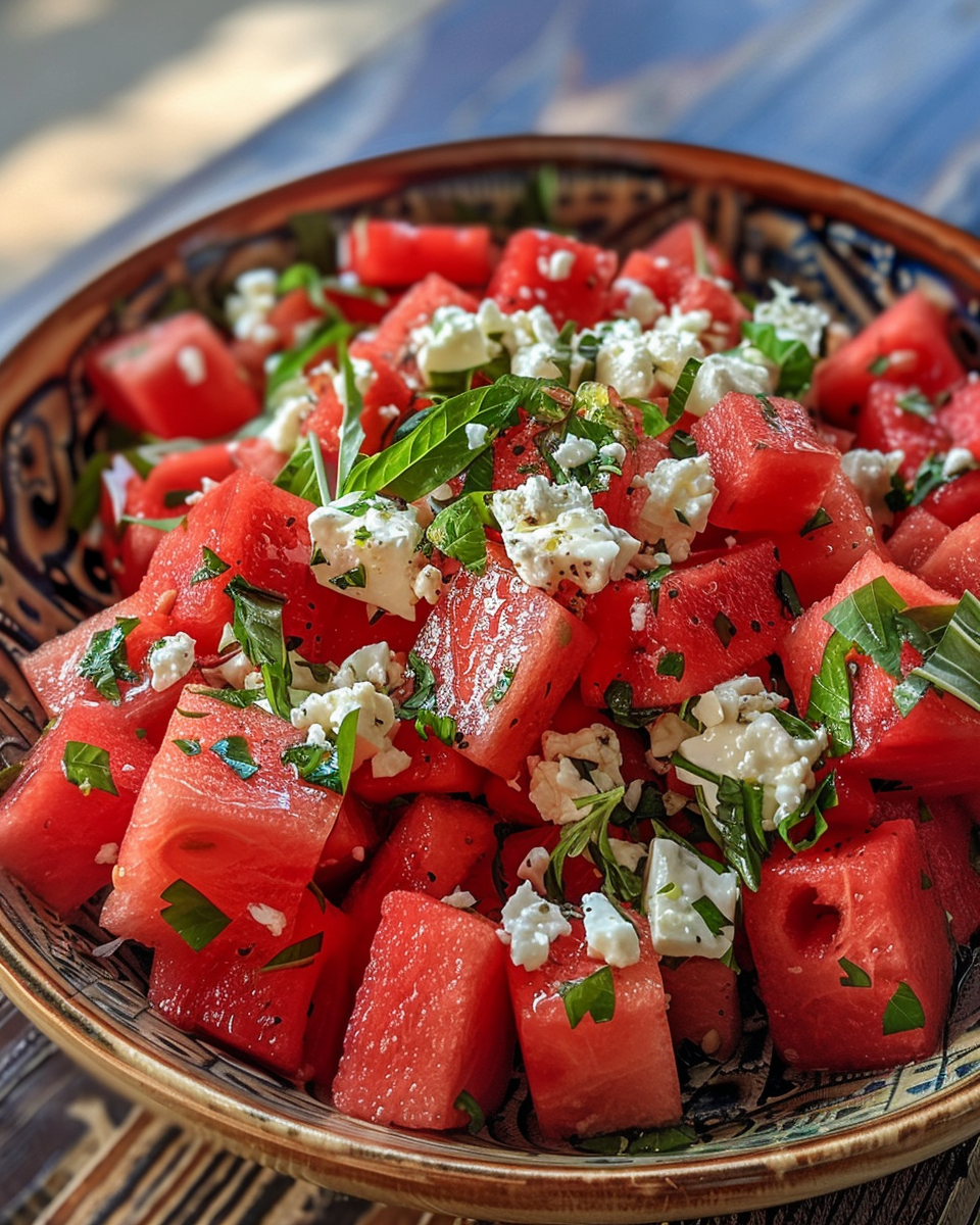 Plated watermelon feta salad with herbs and lime dressing ready to serve