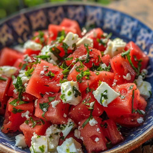 Watermelon Feta Salad taken with iphone 15 pro max --iw 2 --ar 4:5 --v 6.0 --raw