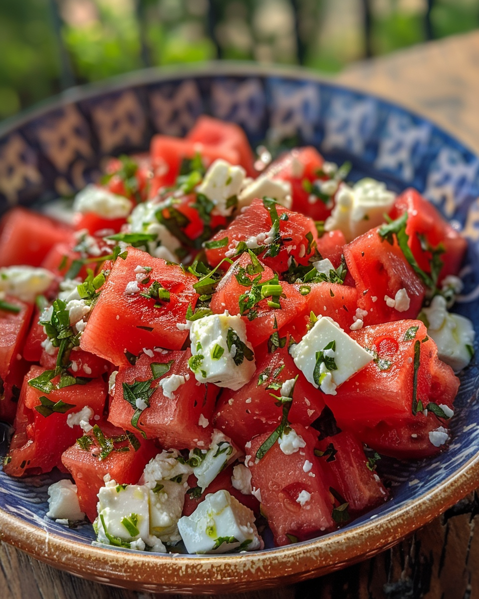 Watermelon Feta Salad taken with iphone 15 pro max --iw 2 --ar 4:5 --v 6.0 --raw