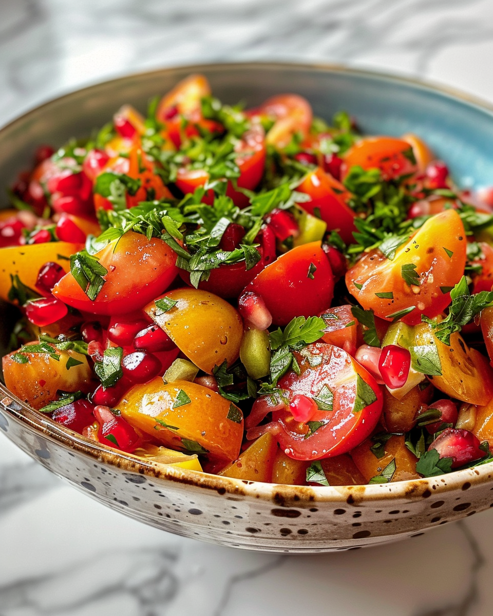 Ingredients for tomato and pomegranate salad displayed on table