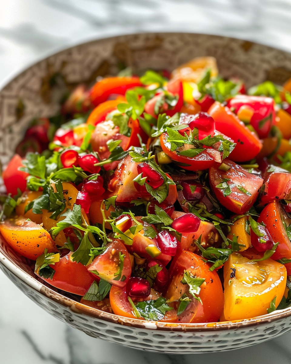 Finished tomato and pomegranate salad served in bowl on table