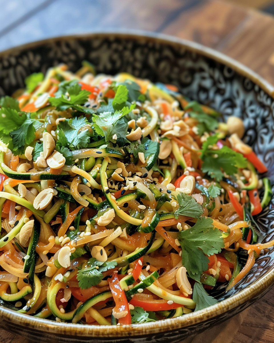 Ingredients for zucchini noodle salad including spiralized zucchini and peanut sauce