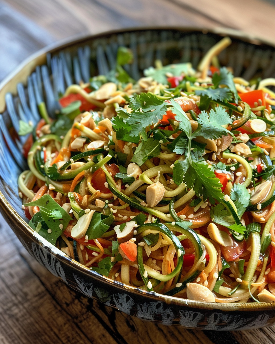 Finished zucchini noodle salad plated with peanut sauce and tempeh