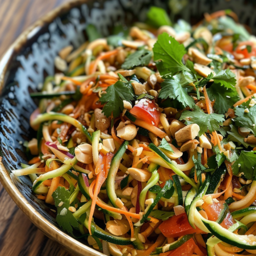 Zucchini Noodle Salad With Peanut Sauce taken with iphone 15 pro max --iw 2 --ar 4:5 --v 6.0 --raw