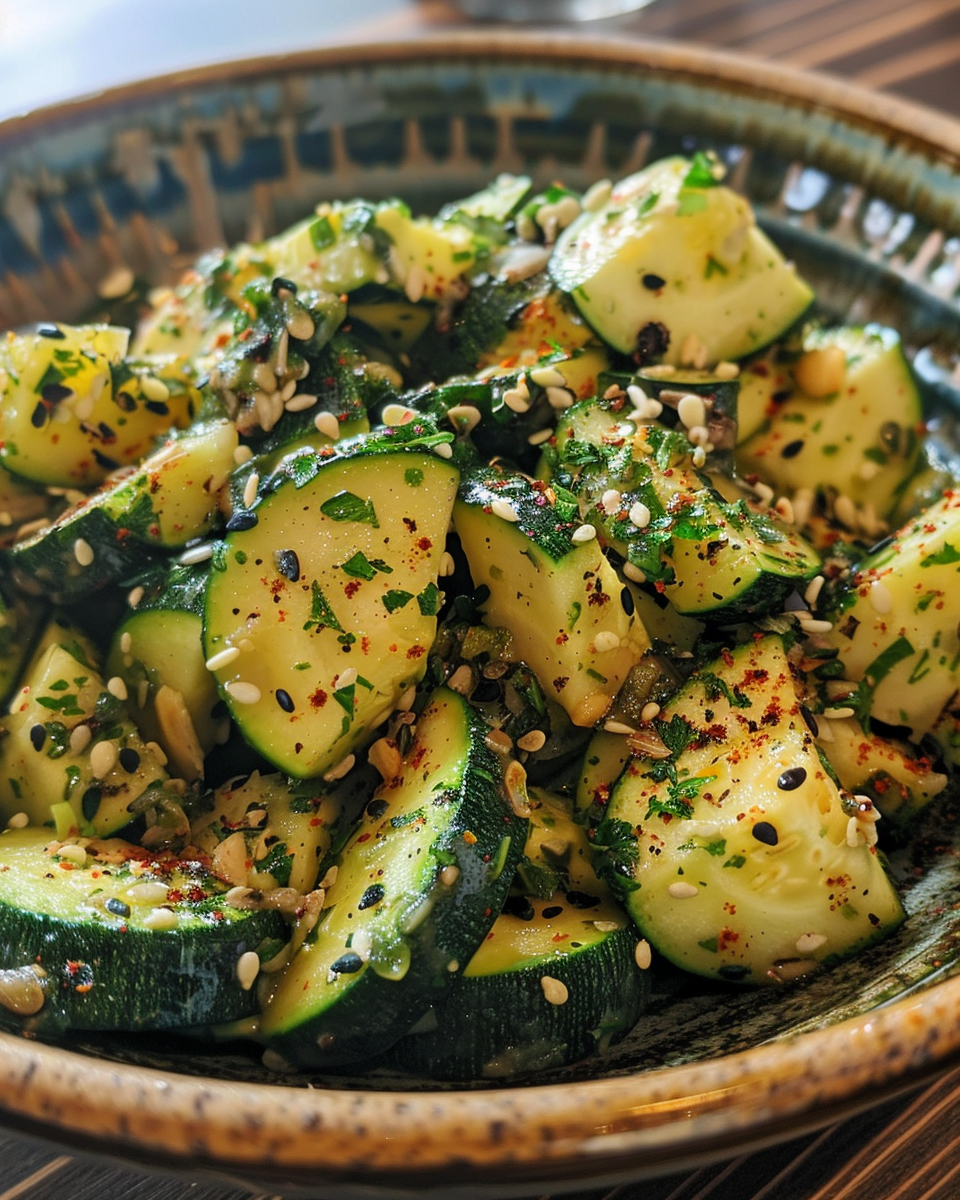Ingredients for zucchini salad including pine nuts and fresh herbs