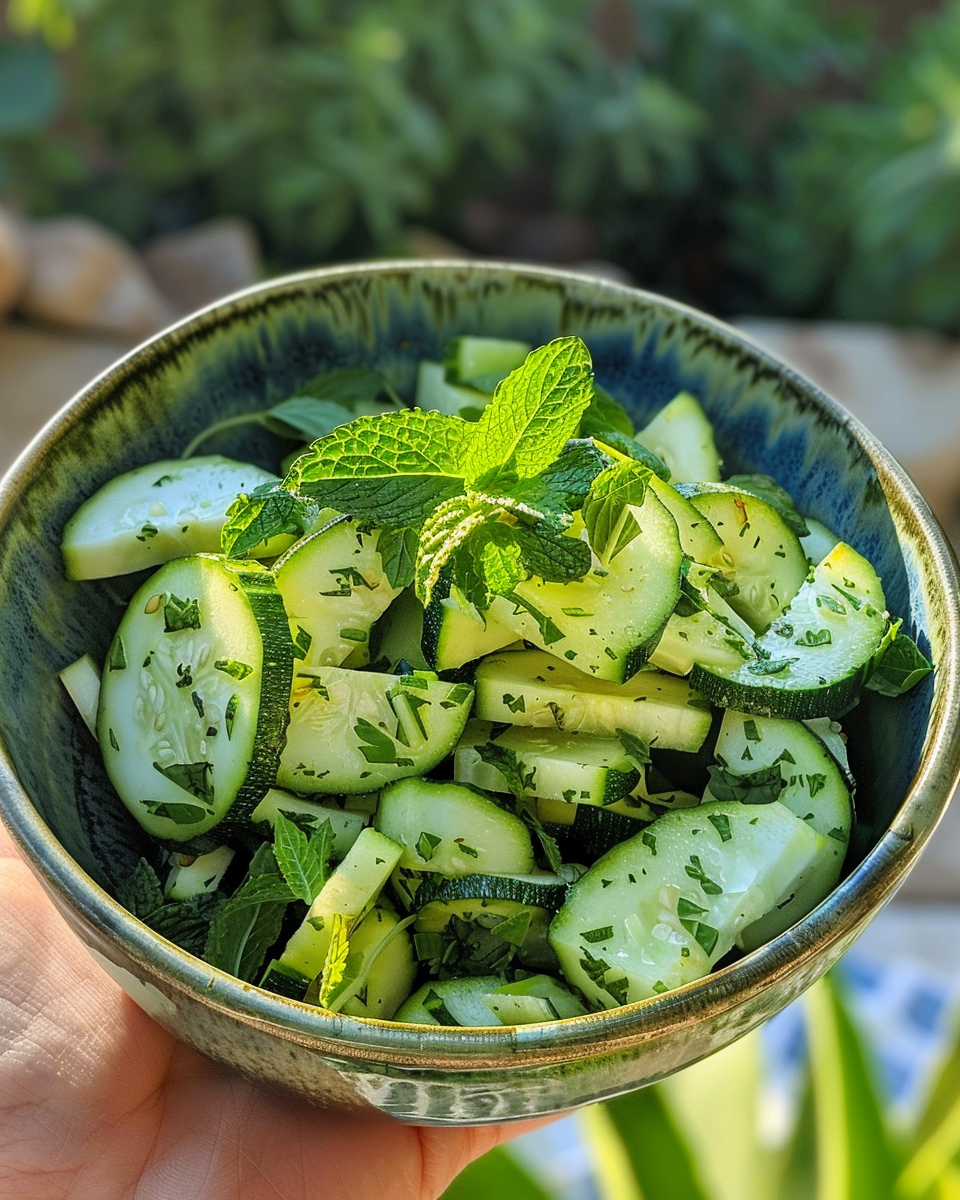 Ingredients for zucchini salad with lemon-mint dressing including fresh herbs and microgreens