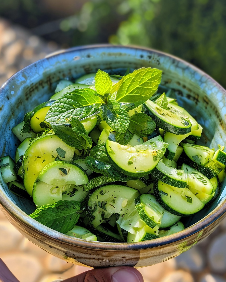 Serving fresh zucchini salad with toasted pine nuts and parmesan ready to enjoy